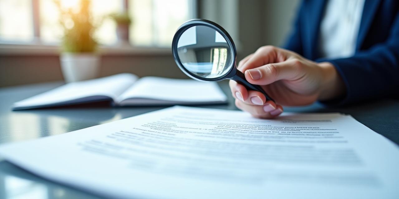 Professionista legale che esamina un contratto di fornitura con lente d'ingrandimento in un ufficio moderno